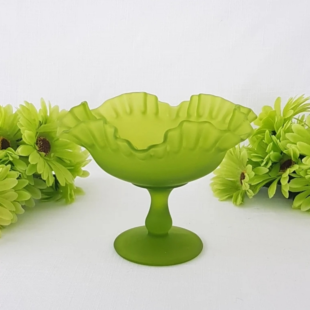 Vintage Westmoreland Lime Green Satin Glass Candy Dish, Ruffled Pedestal Bowl